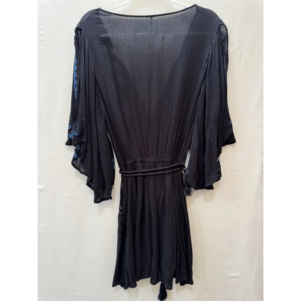 Free People Women's Sz M Cora Embroidered Mini Dress Black Blue Floral Boho NWT